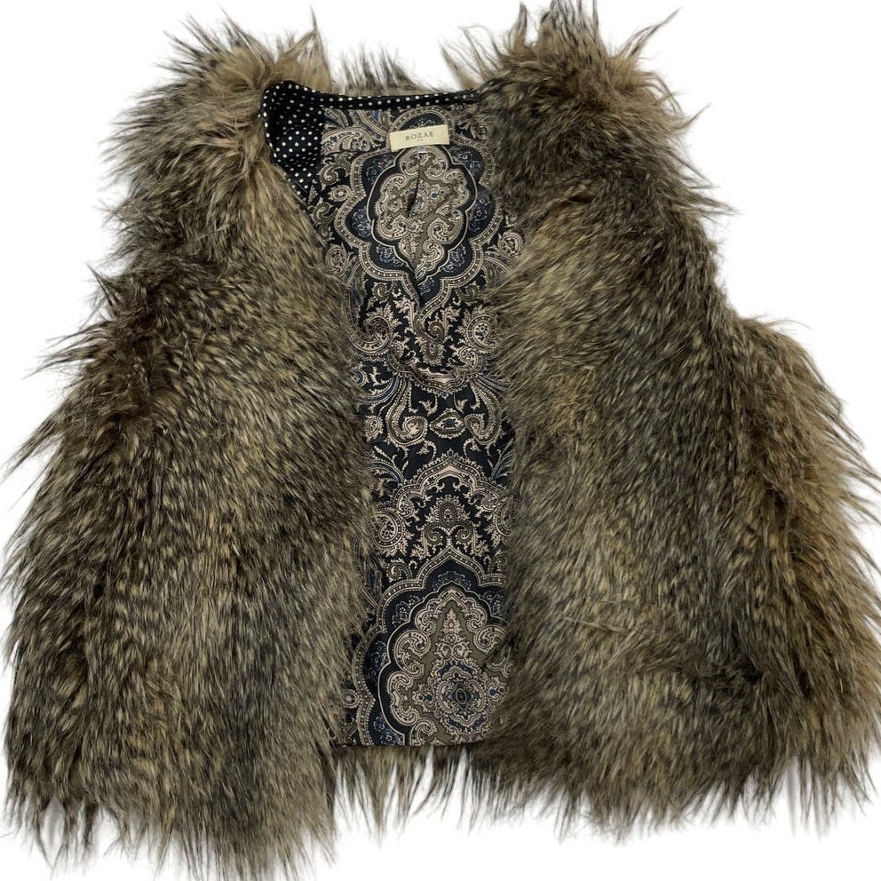 Rozae Nichols Vest Womens X Small Faux Fur Brown Silk Lined Open Front Mob Wife