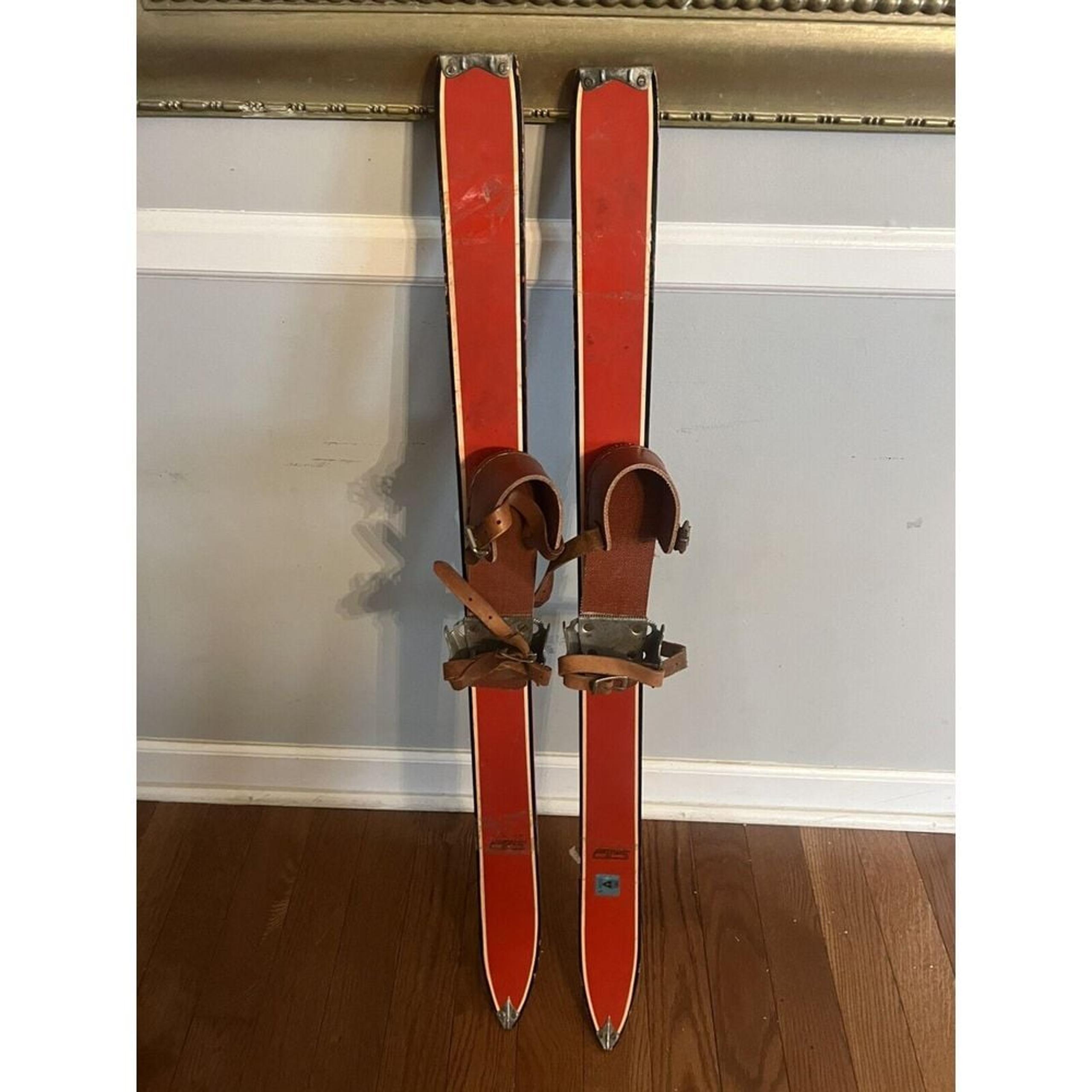 Swallow vintage Red wooden Children's Skis With Leather Strap Buckle