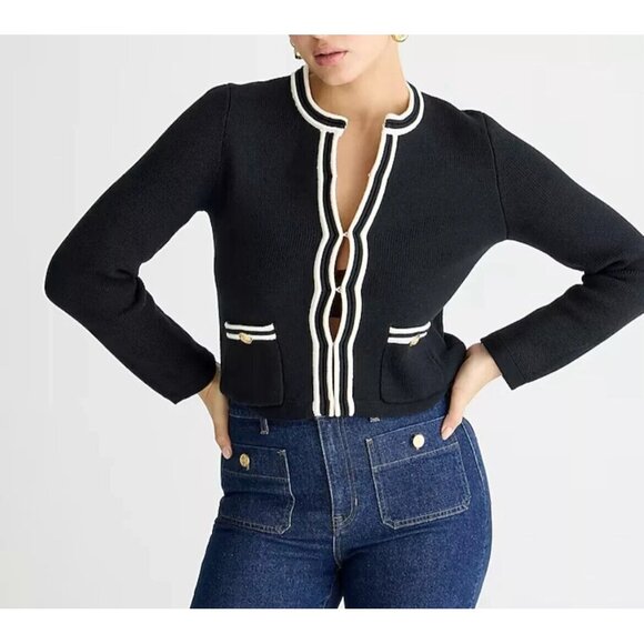 NWT J.Crew Emilie Sweater Lady Jacket in Black Ivory Contrast Trim Cardigan XXS