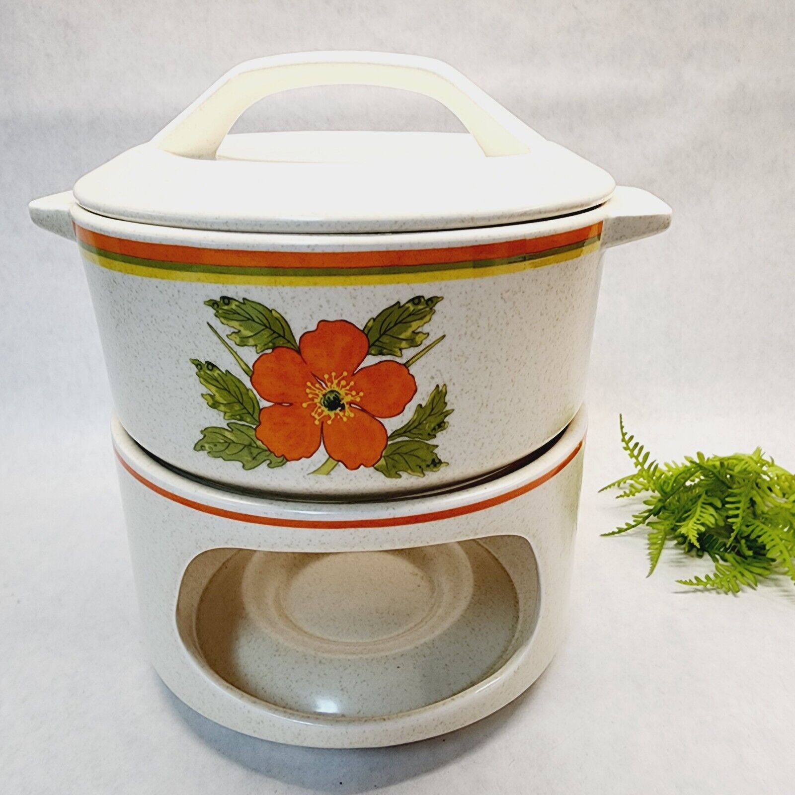 Vintage Temper-Ware Lenox Casserole Lid Stand Fire Flower Orange Poppy 1970s Mod