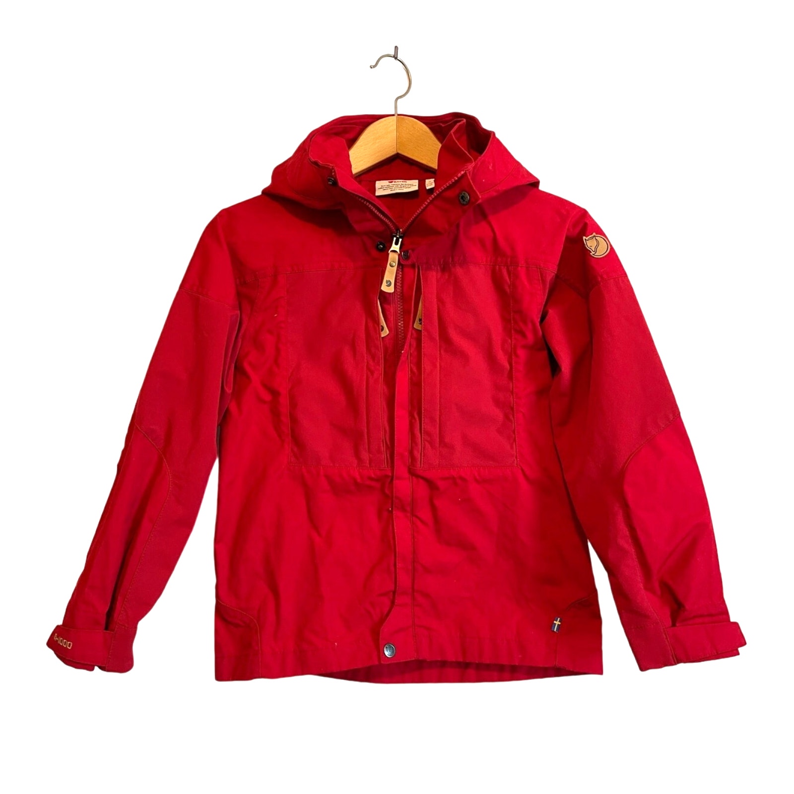Fjal Raven Kids Keb Jacket red solid pockets logo removeable hood zip Size 9-10