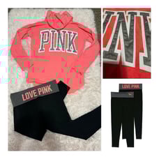 VS PINK embroidered fold over yoga legging neon pants pullover hoodie coral