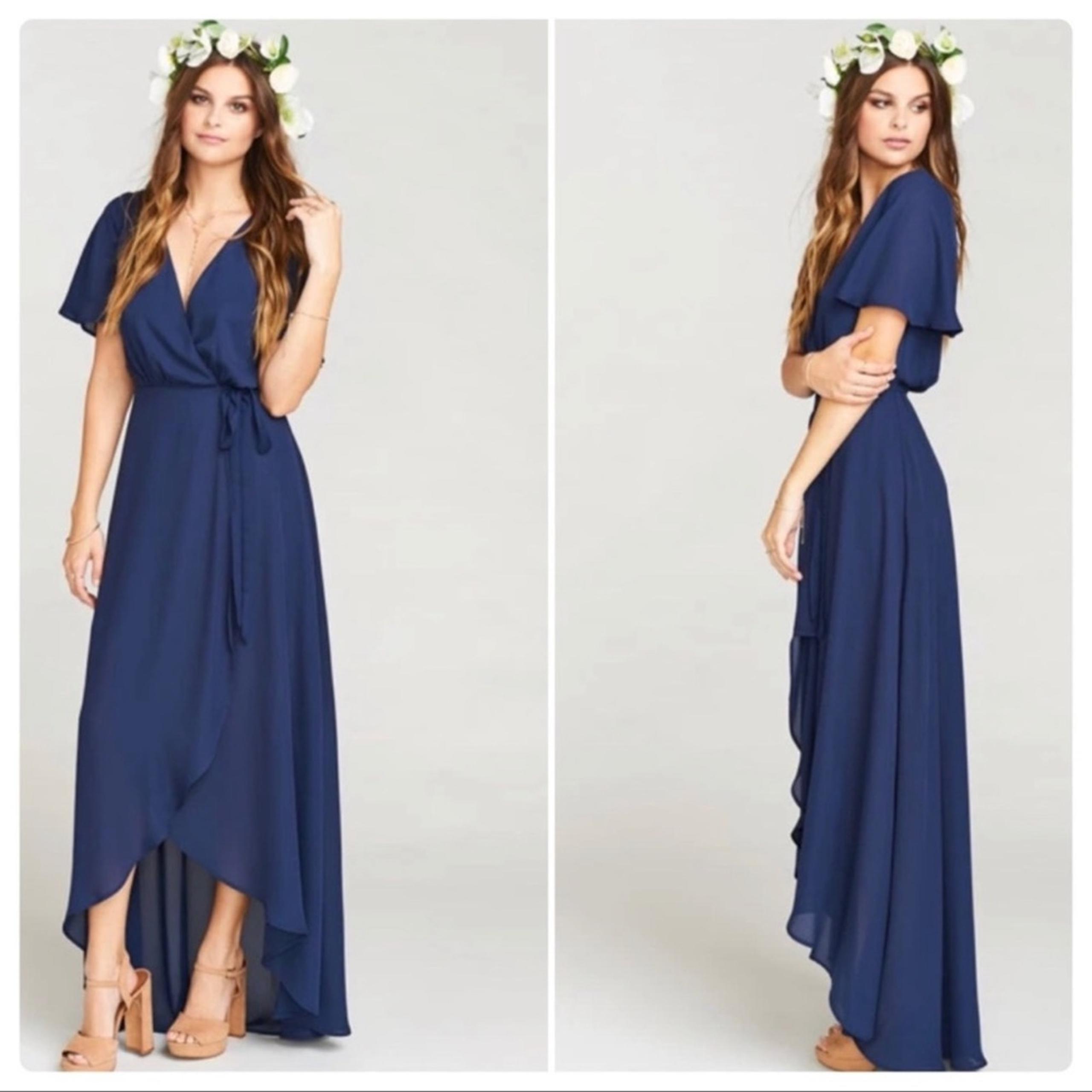 NWT SHOW ME YOUR MUMU Women's Navy Sophia High Low Bridesmaid Wrap Dress Size XS