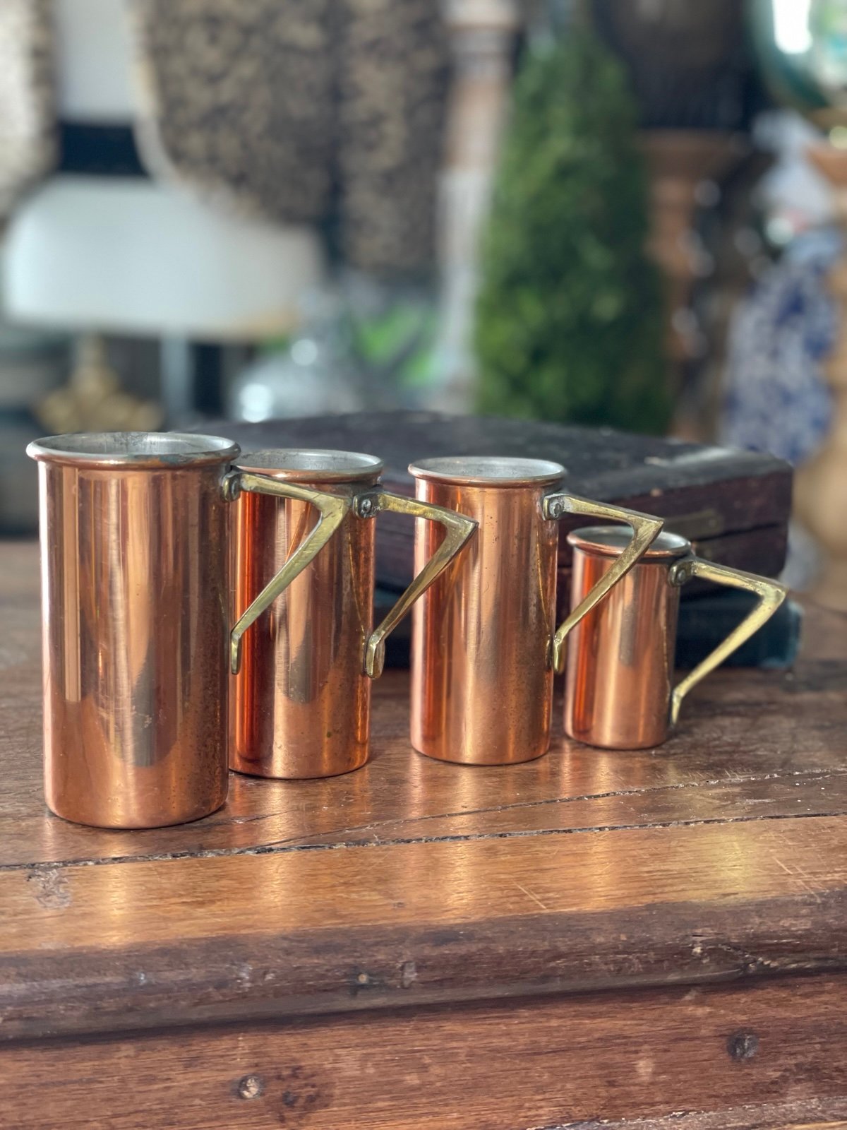 Vintage copper measuring cups hammered gold antique brass handles