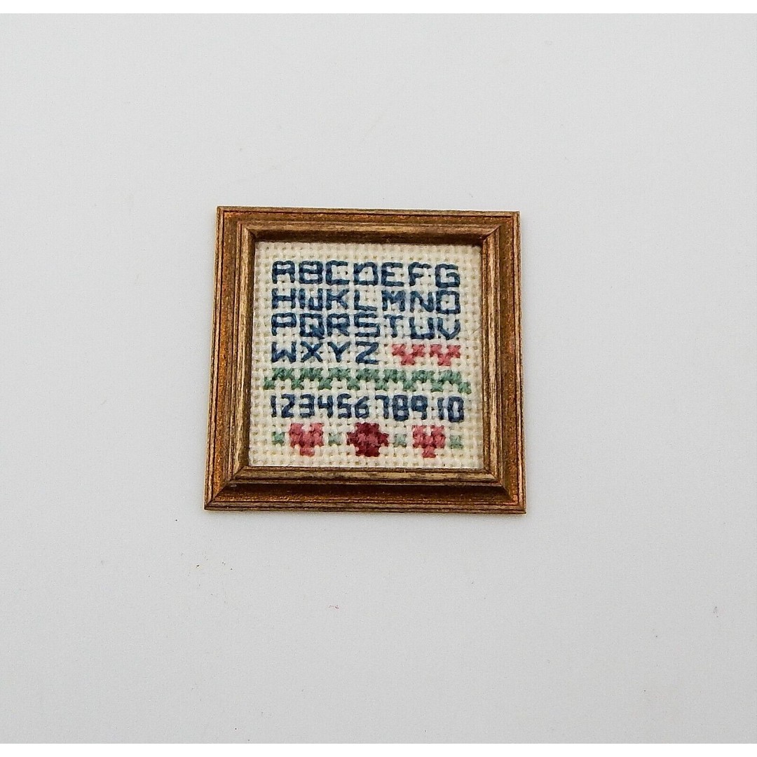 Vintage Artisan Miniature Dollhouse Micro Petit Point 1 Inch Sampler Framed