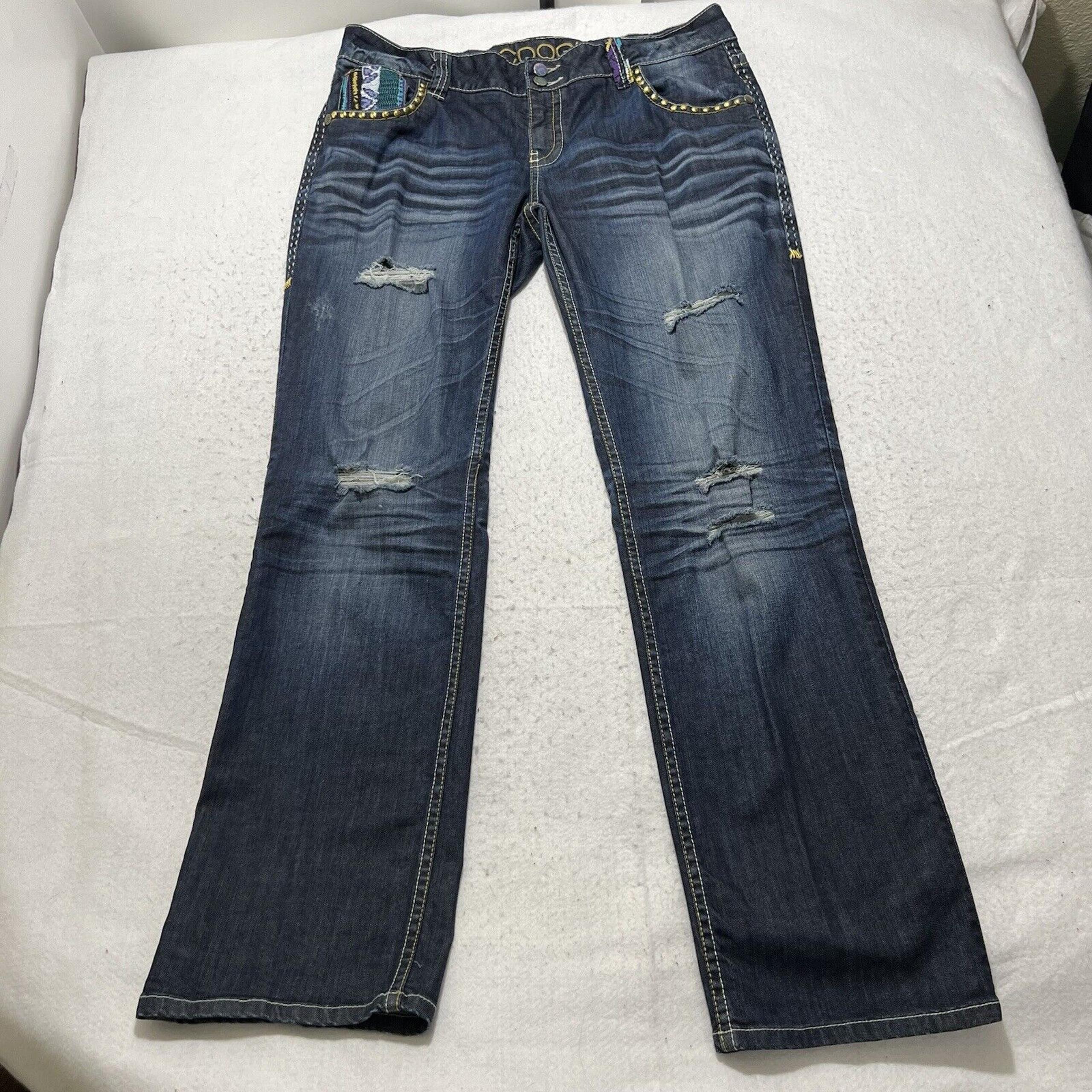 COOGI Women's 17/18 (36x33) Straight Leg Rip Distressed Jeans Embroidery Studded