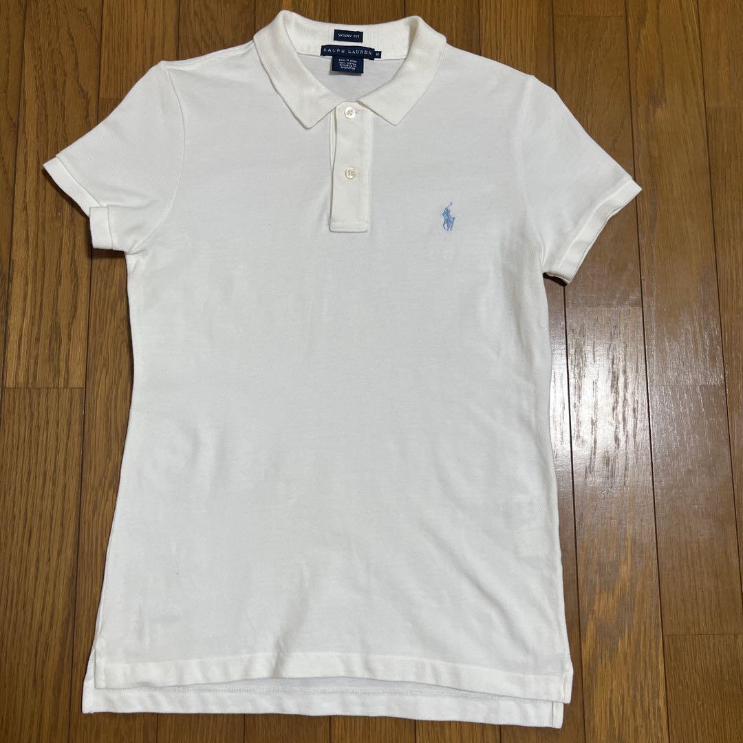 Ralph Lauren Polo Shirt, Women's M, White x Light Blue, Skinny Fit