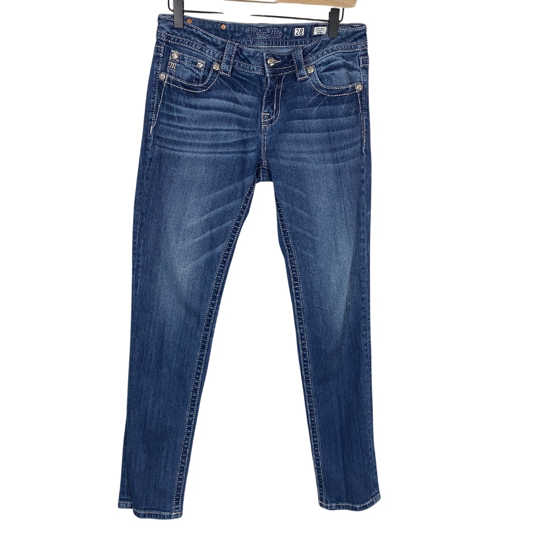 Miss Me Mid-Rise Skinny Jeans Medium Wash Denim Embroidered Pockets Sz 28