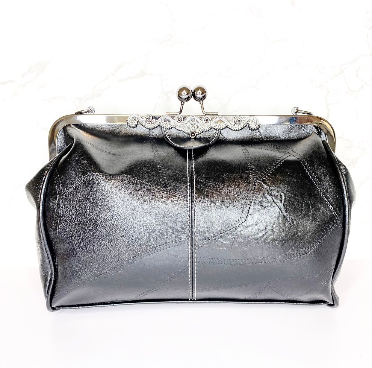 Womens black silver vintage inspired coin purse clutch handbag