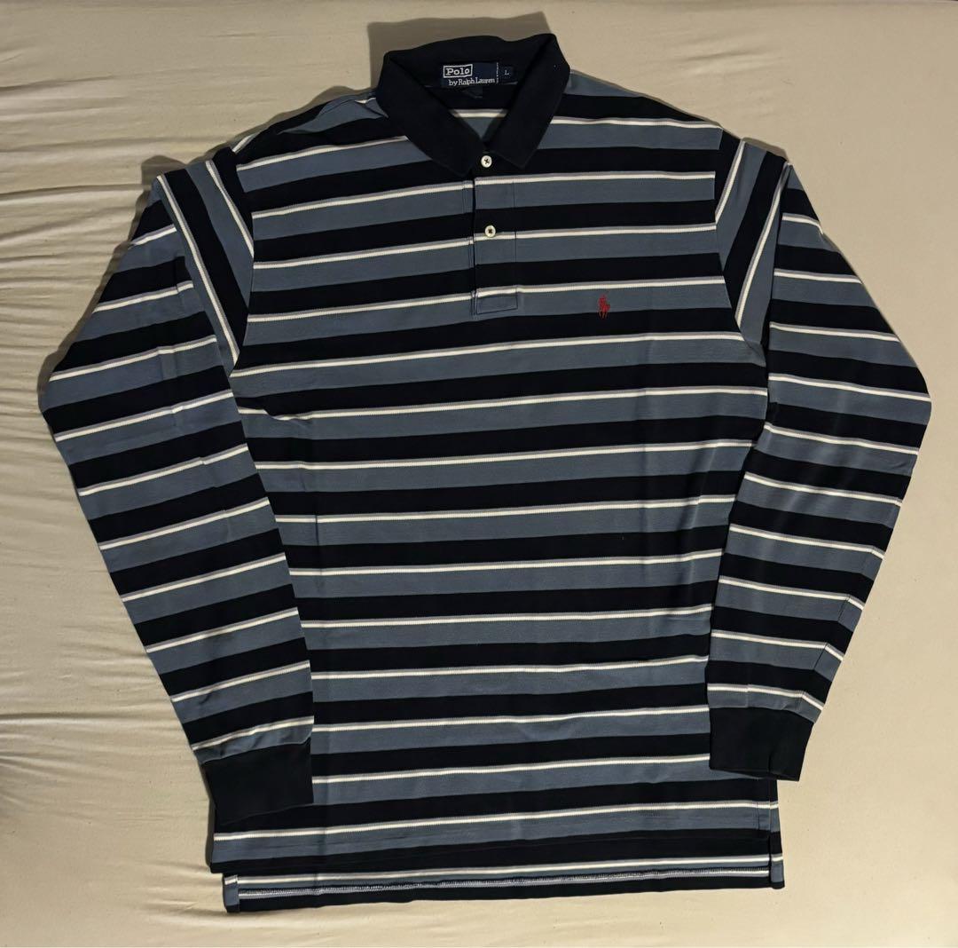Ralph Lauren Long Sleeve Polo Shirt L Navy Gray Stripe
