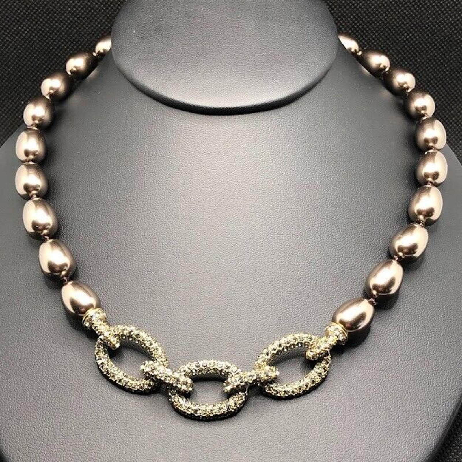Monet Faux Pearl Necklace Taupe Brown Rhinestone Covered Links Vtg Runway Collar