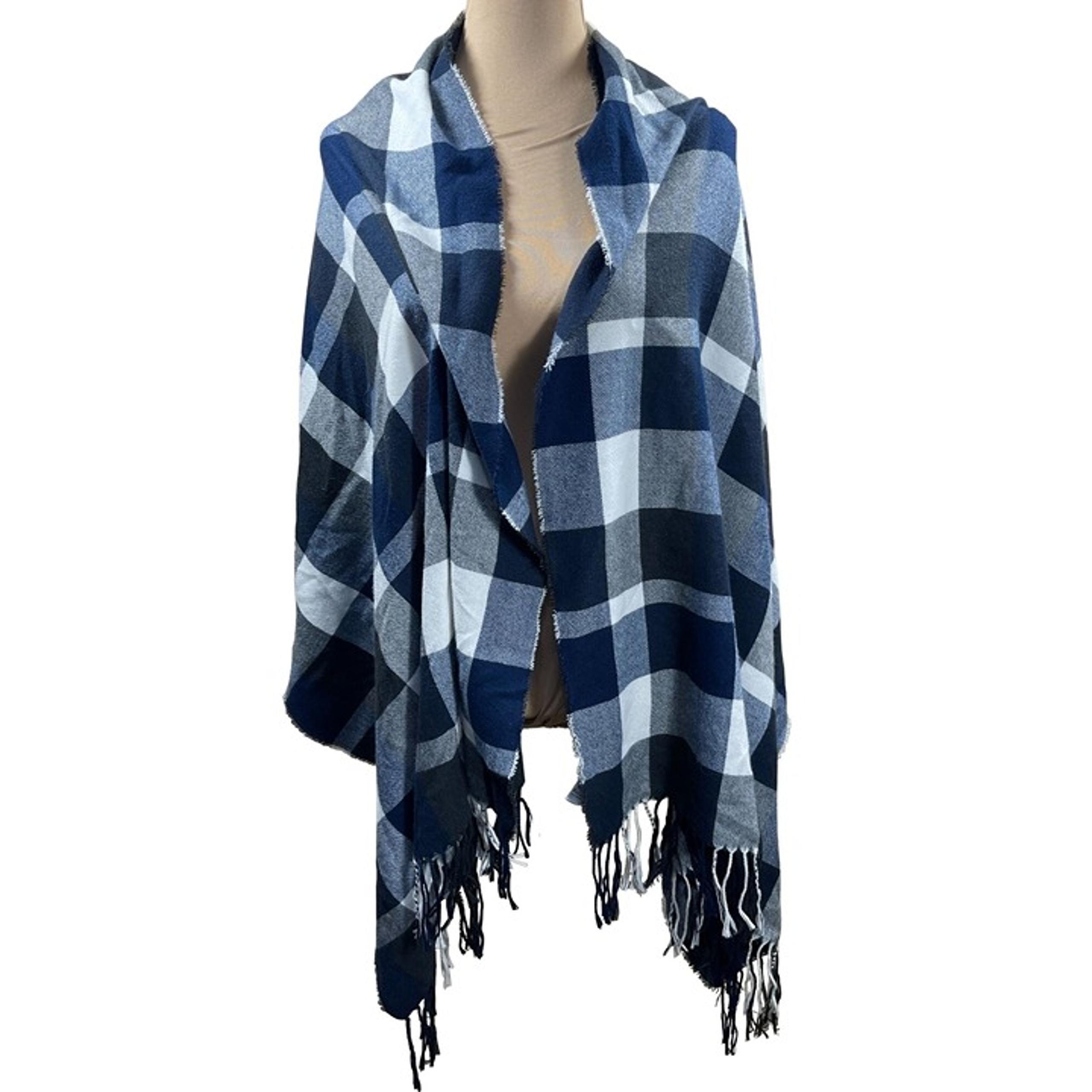 PLUSH Women's Blanket Scarf Plaid Navy Blue White Fringe 27" X 72"