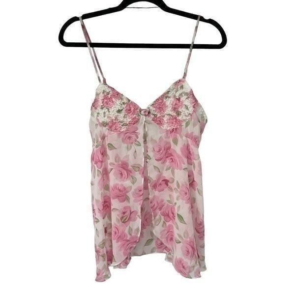 Vintage White Pink Rosette Sheer Baby Doll Tank