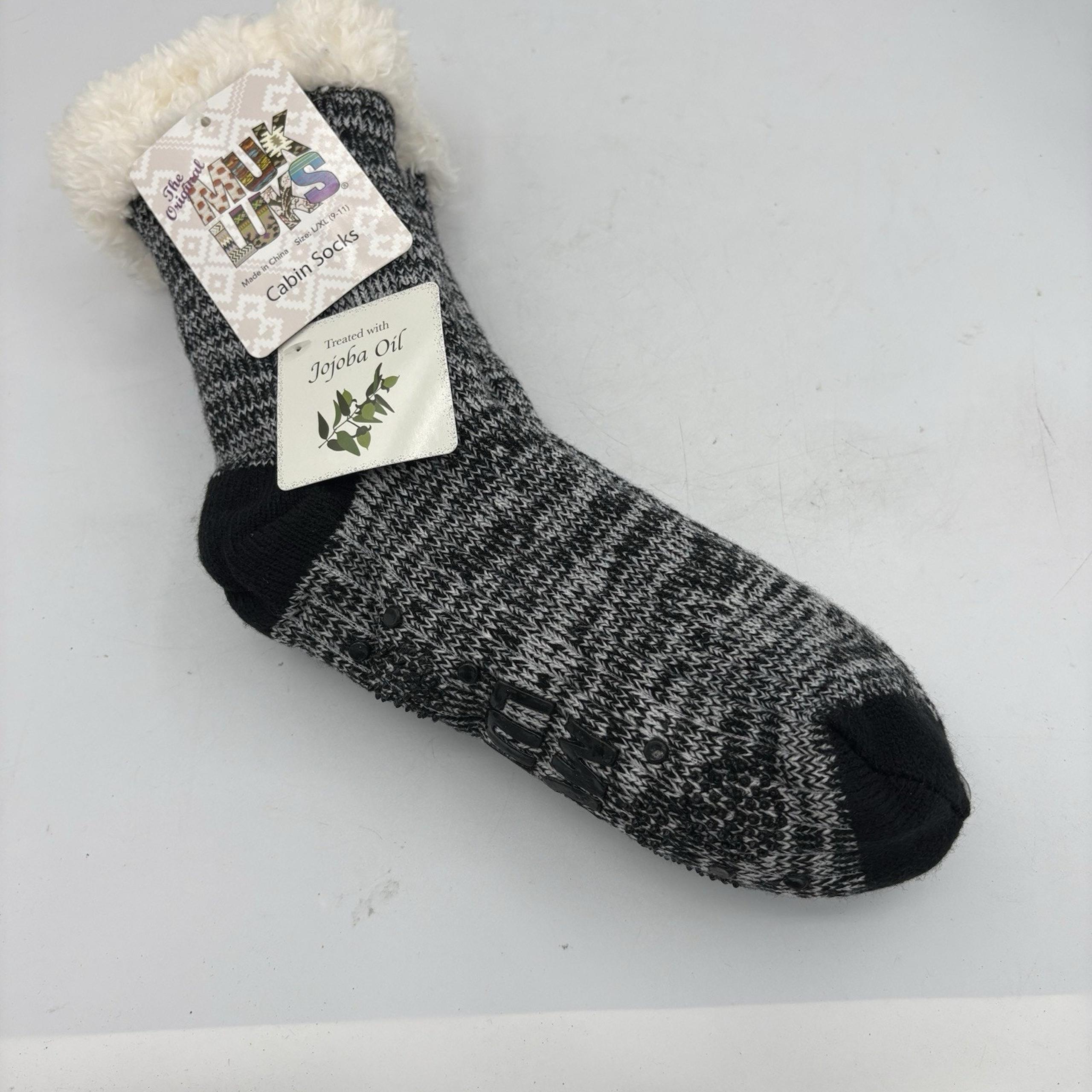 Muk Luks Cabin Socks Mens Size 9 10 11 L XL Black White 1 Pair Jojoba Oil Treat