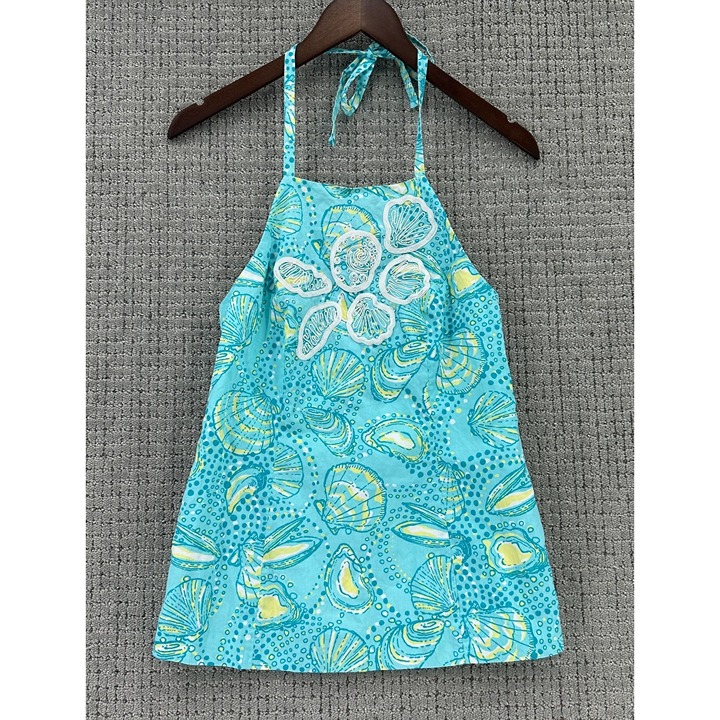 Lilly Pulitzer Womens Top Size 2 Aqua Blue Halter Shells Print Embroidered Side