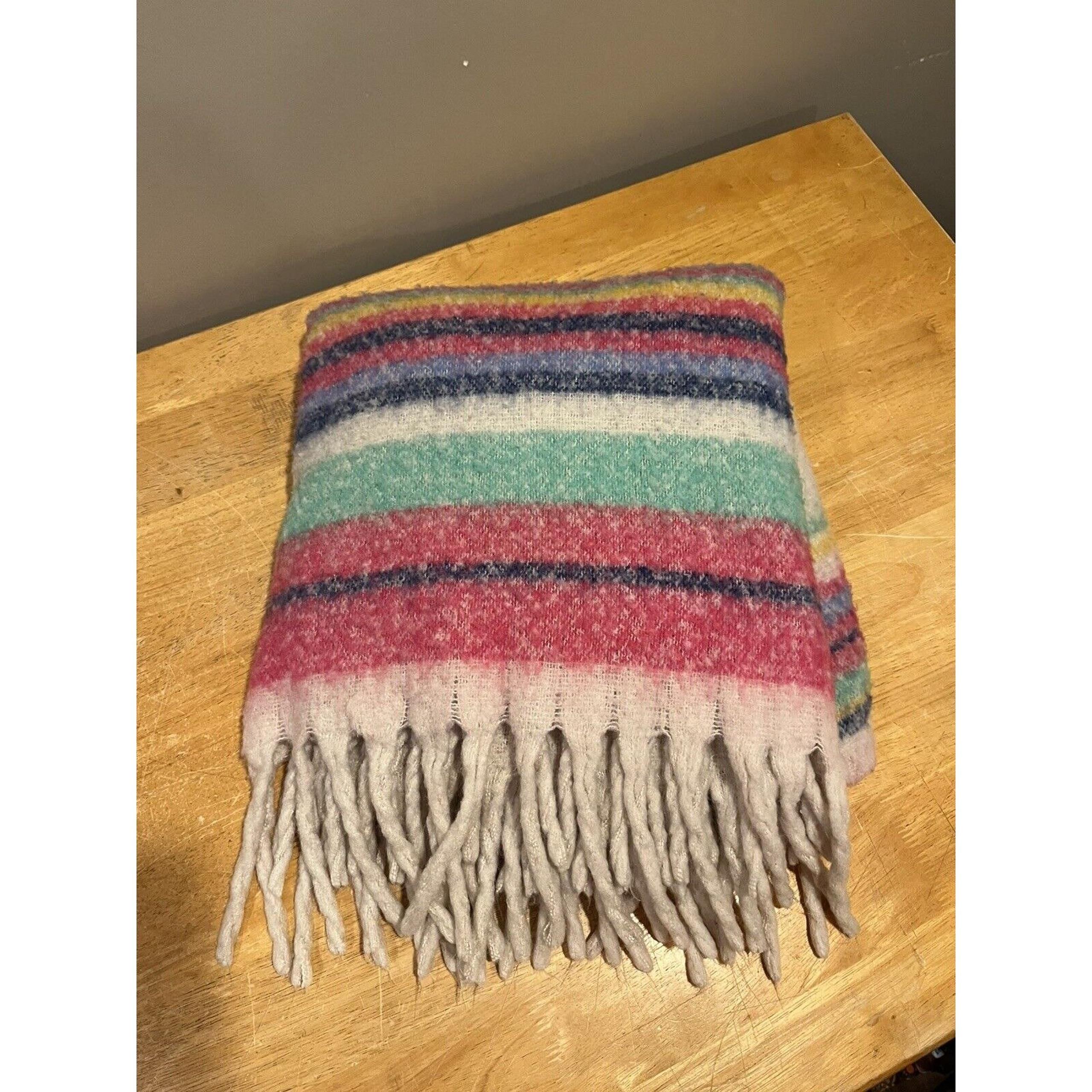 Free People Fringe Pink Blue Yellow Stripe Blanket 60" x 50" Striped Throw Soft