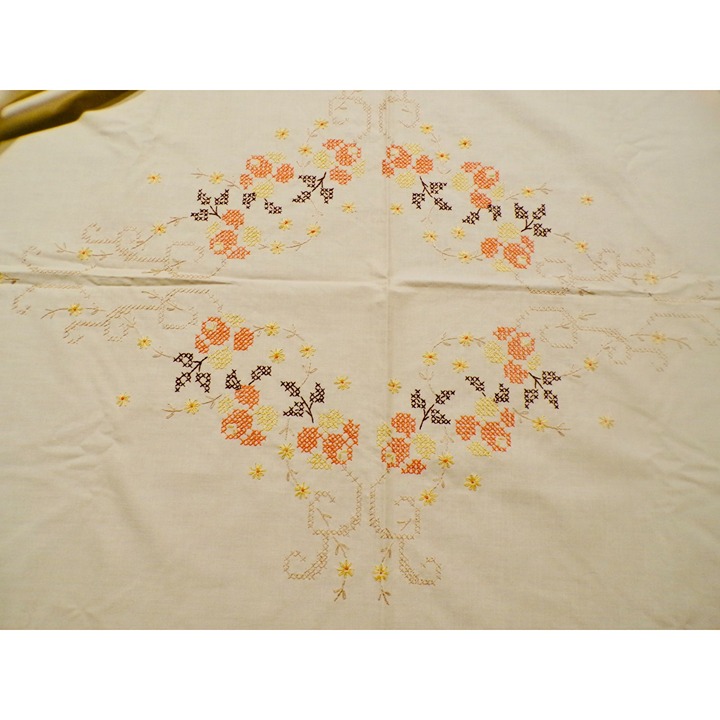 Vtg Hand Embroidered Floral Ecru Tablecloth Cross-Stitched Orange Yellow Brown
