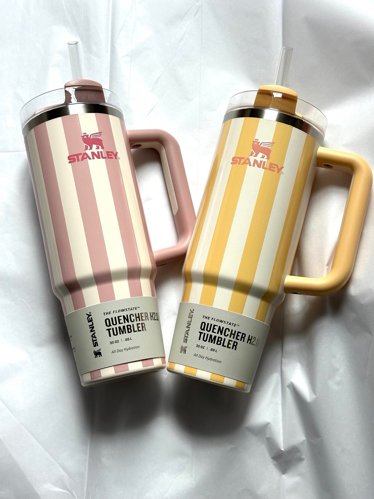Set of 2 NWT 30 oz Stanley Stripe Cabana Quencher Peach Whip + Yellow Butter