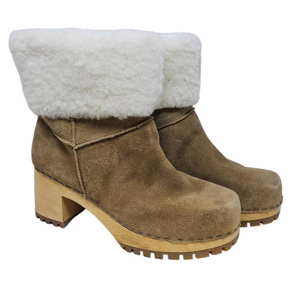 NEW MIA 9 Jildie Brown Suede Wooden Clog Boot Shearling Interior Boho Western