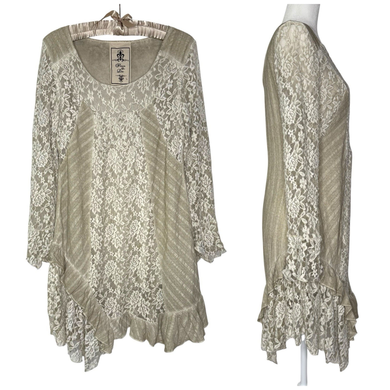 French Boutique Dress L Asymmetrical Cottage Peasant Boho Chic Fairy Lace Ruffle