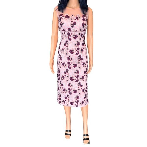 248 NWT JS Collections Mauve Pink Floral Illusion Neckline Mid Length Dress 4