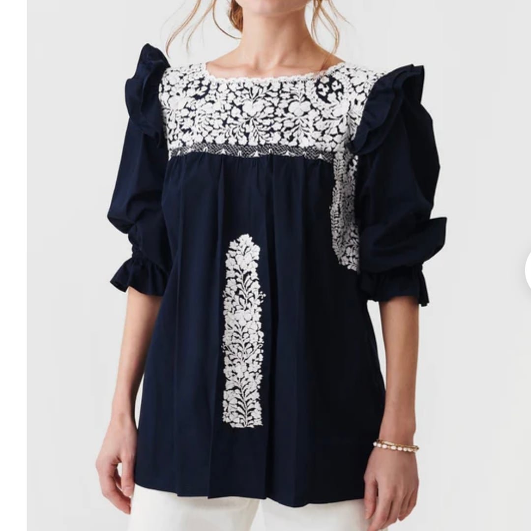 Mi Golondrina Mexico Fernanda Lago Nieve Embroidered Blouse Top Navy White Size