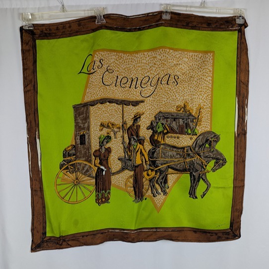 Holly Hoelscher Silk Scarf Las Cienegas Horse Carriage Green Brown Arizona Vtg