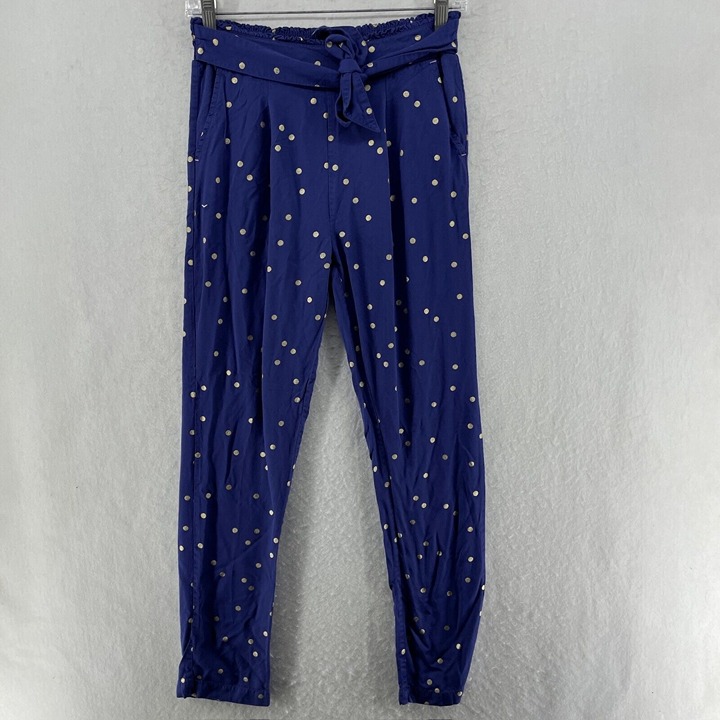 Boden Pants Girls Sz 14Y Blue Gold Polka Dots Tie Waist Highrise Pull On Trouser