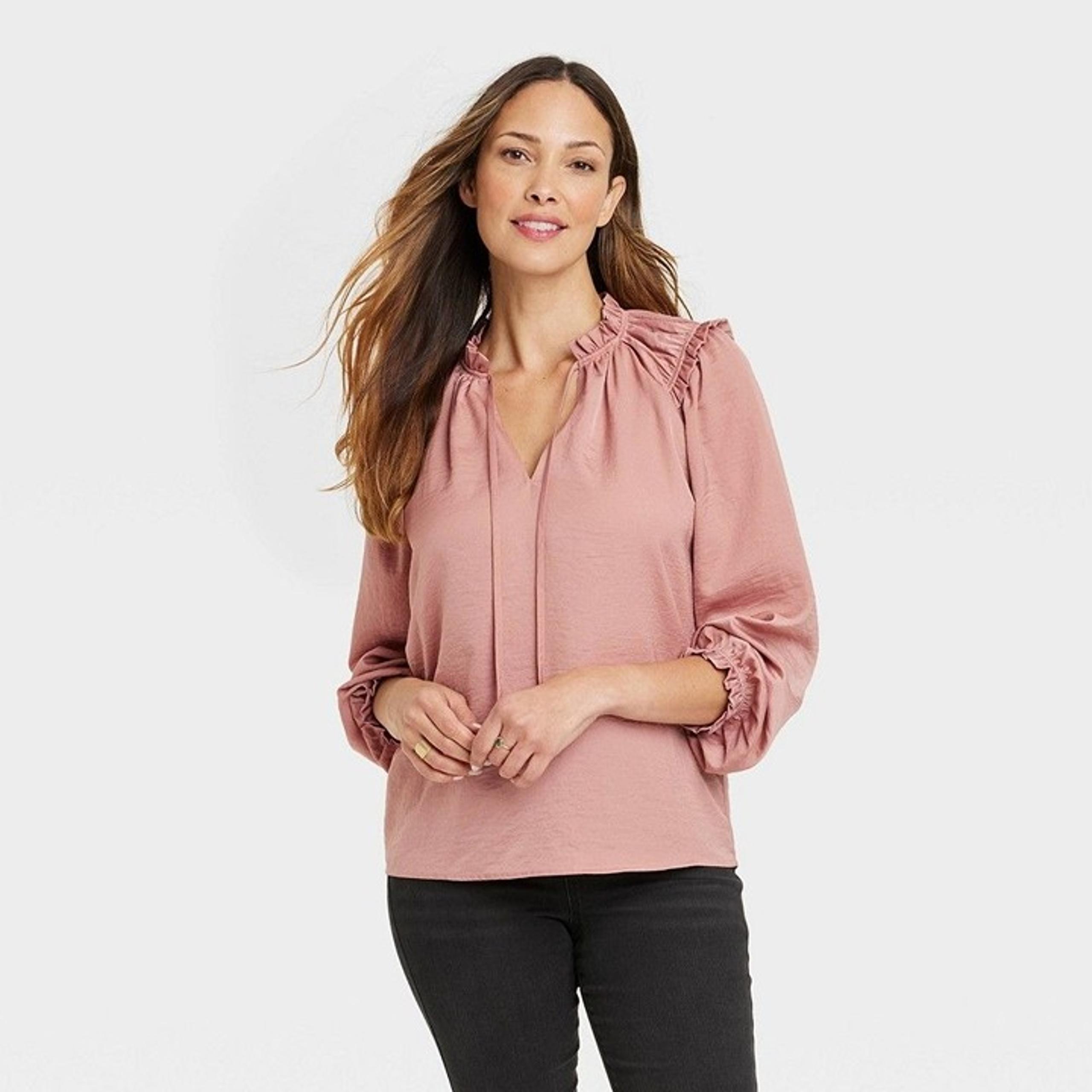 Knox Rose Women's Long Sleeve Satin Top Pink Size S
