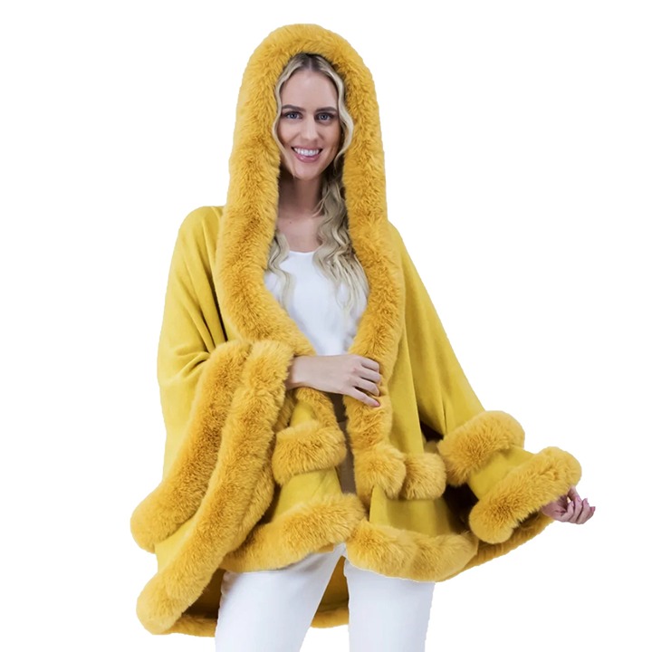Mustard Yellow Faux Fur Cape Hoodie Black Faux Fur Cape Luxurious Style
