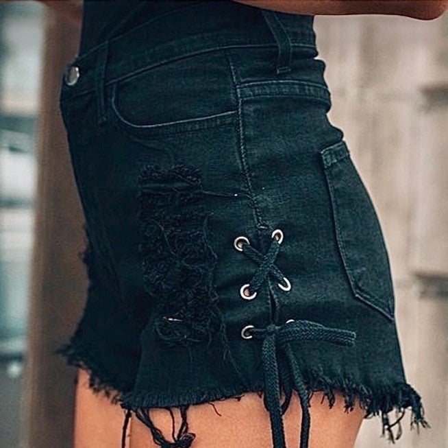Black Distressed High Waist Lace Up Denim Shorts