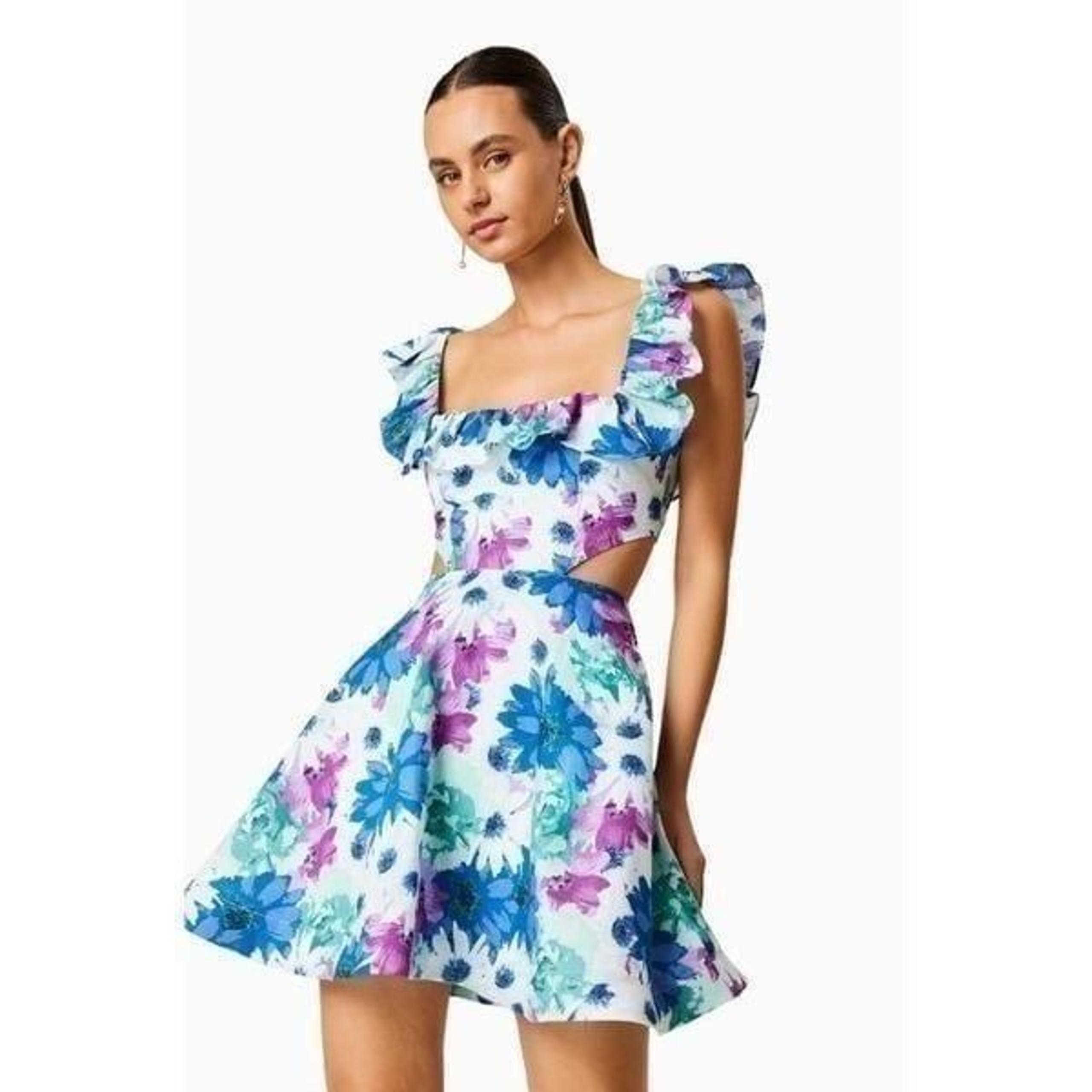ELLIATT Jungle Cut out Multi floral mini dress Date Brunch Dress size S NWT