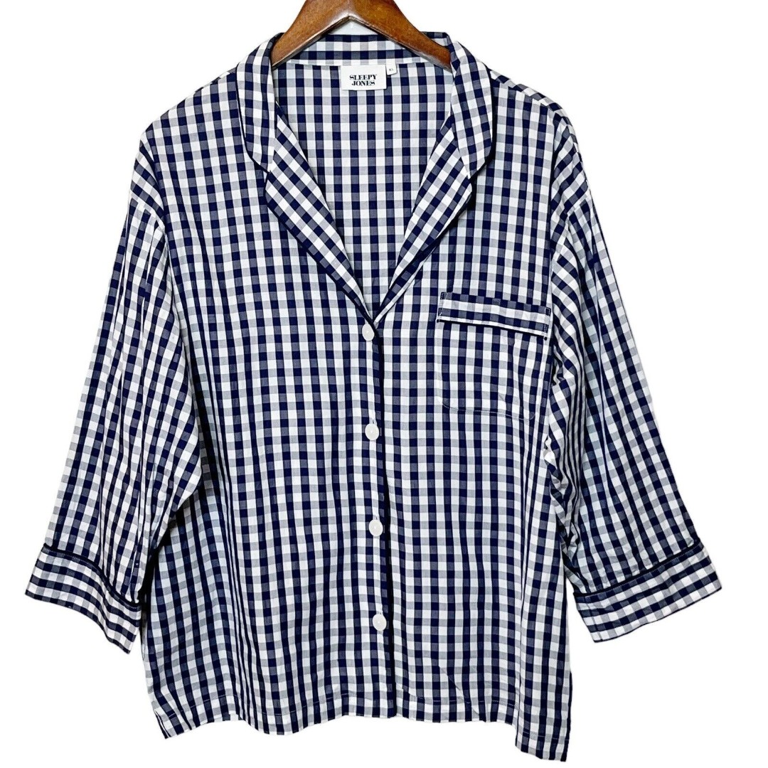 Sleepy Jones Womens Marina Pajama Top Large Navy Gingham