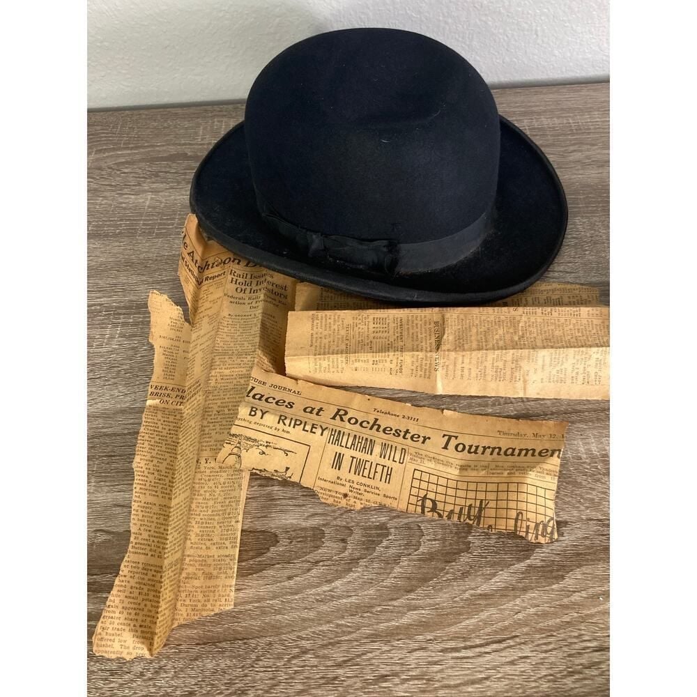 Vintage 1920s Black Bowler Hat with Newspaper Clippings Accent 20s Golden Age