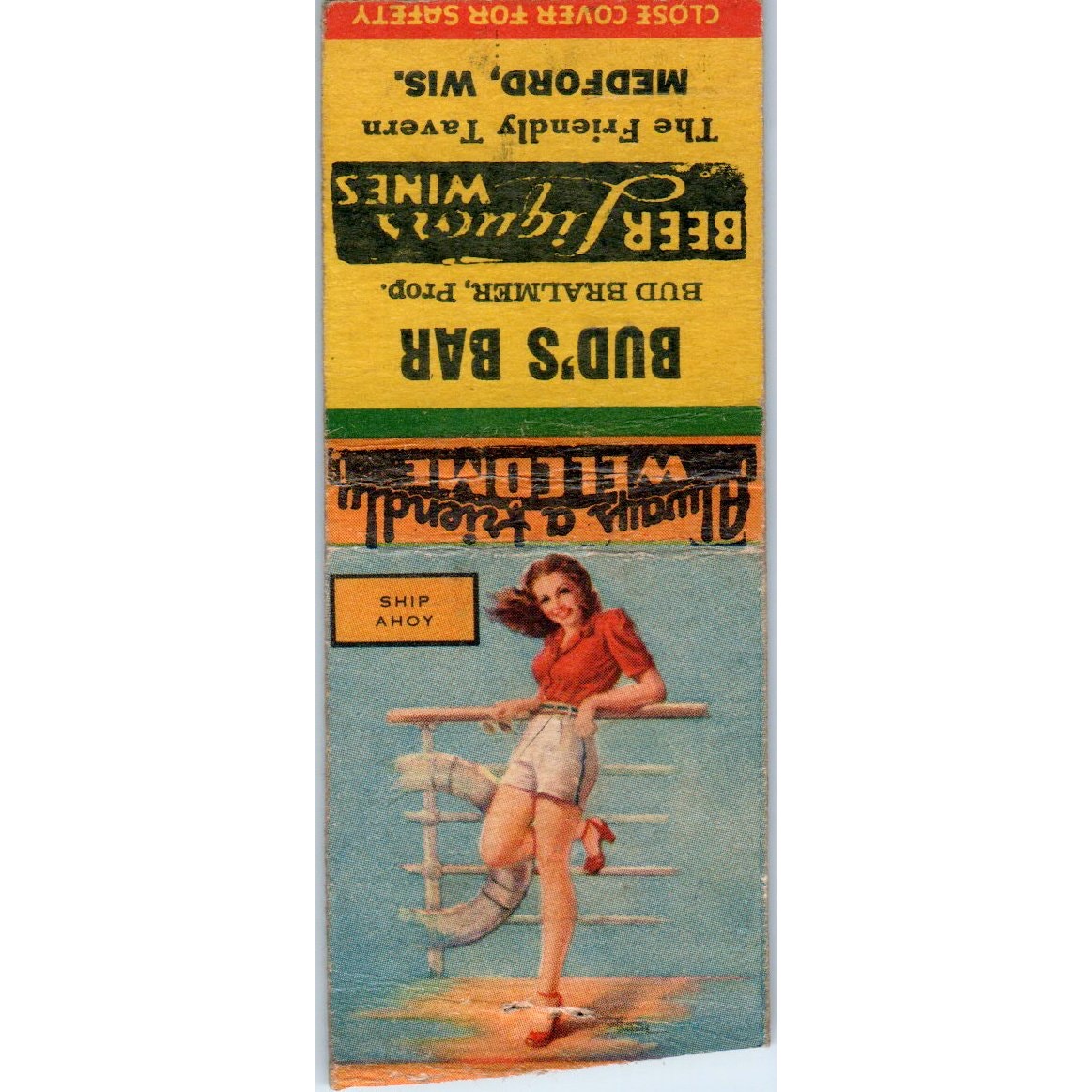 Bud's Bar Bud Bralmer Medford WI Pinup Vintage Matchbook Cover SD2-Y12