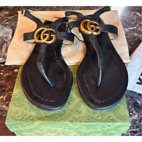 Gucci Double G Black Leather Sandal Size 38