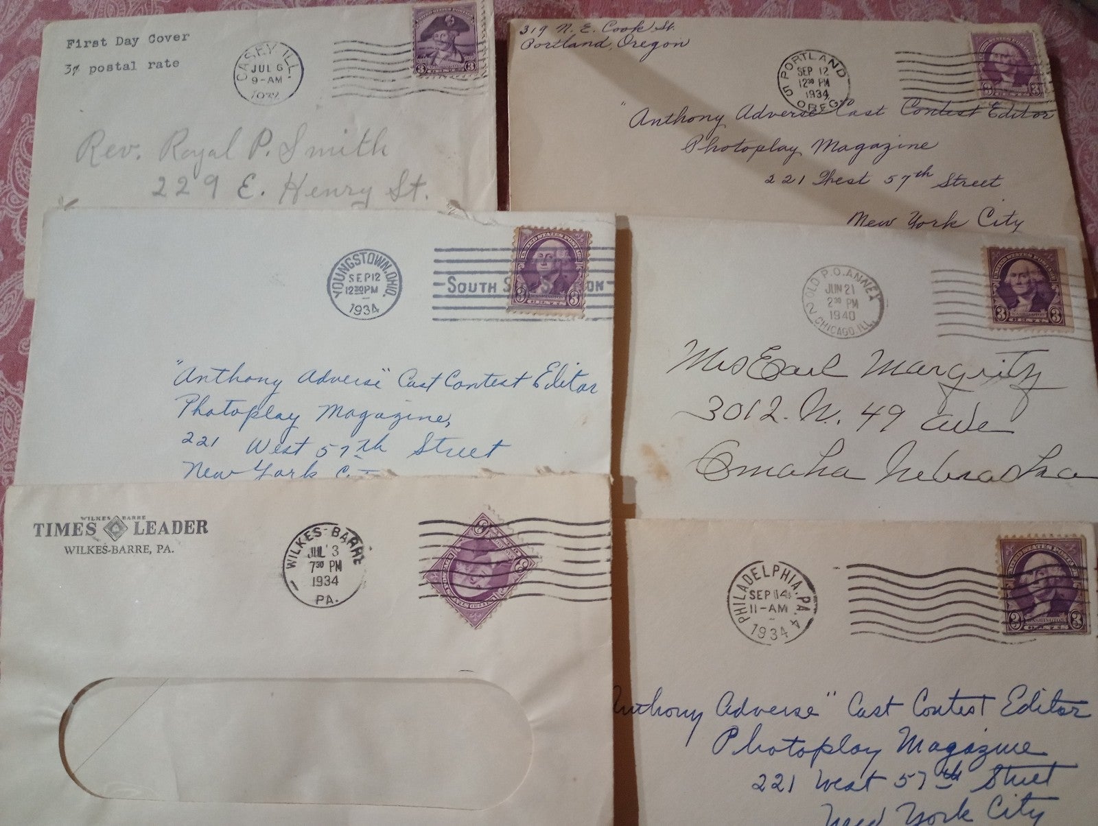 Lot of 1934 postal covers with 1932 George Washington 3 cent Violet stamps