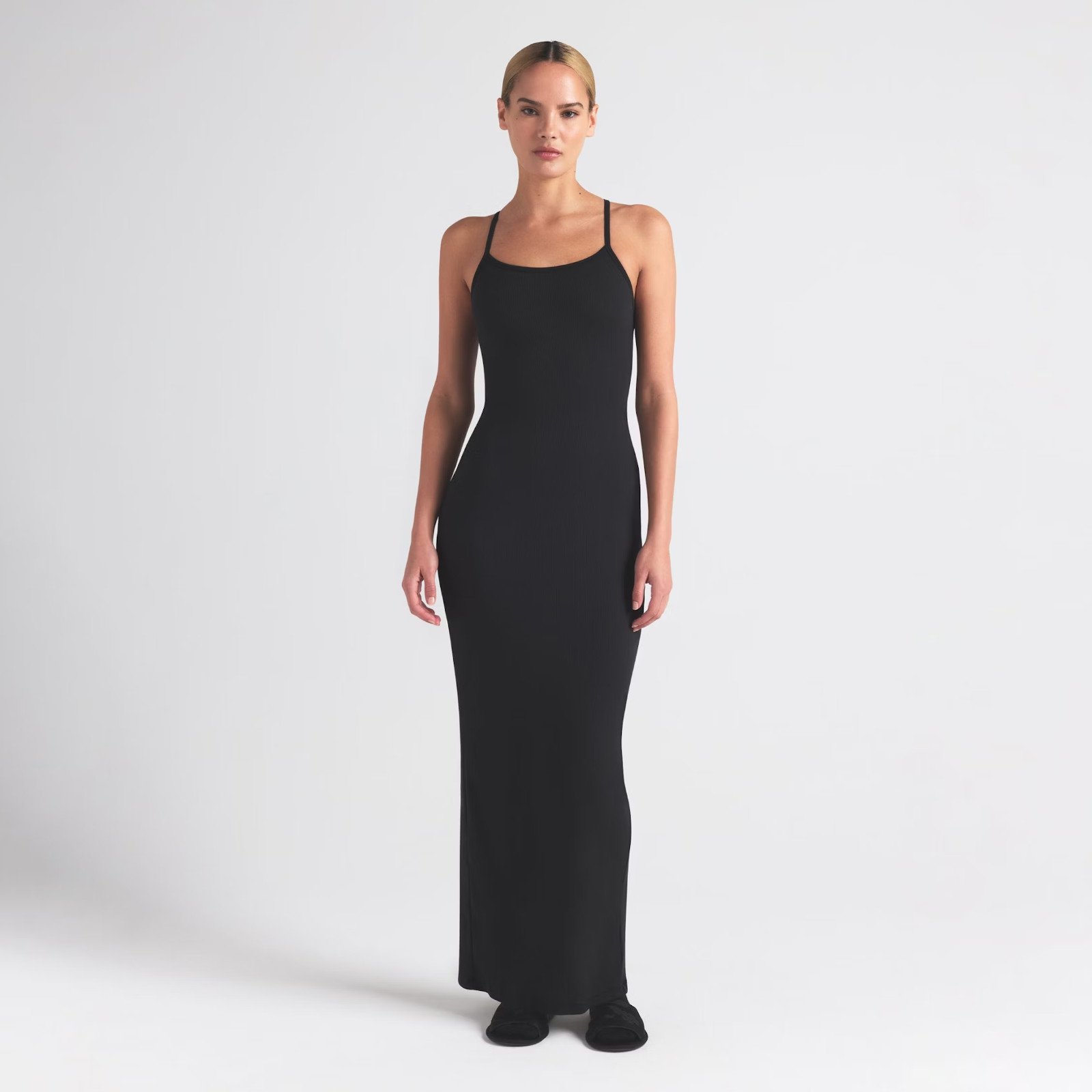 Skims Cotton Rib Long Cami Dress in Soot, Size Small