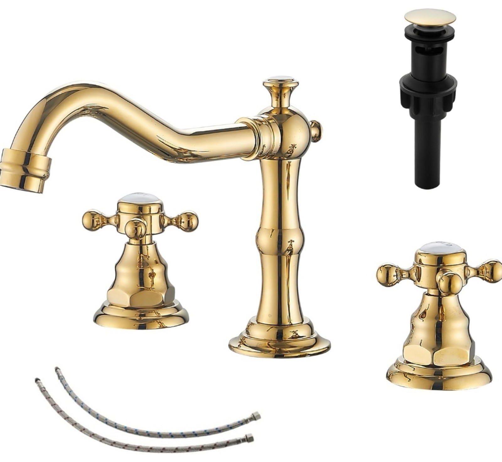 Bathroom Faucet 2 Handles 3 Holes Widespread Pop-up Drain & Hose (Polished Gold)