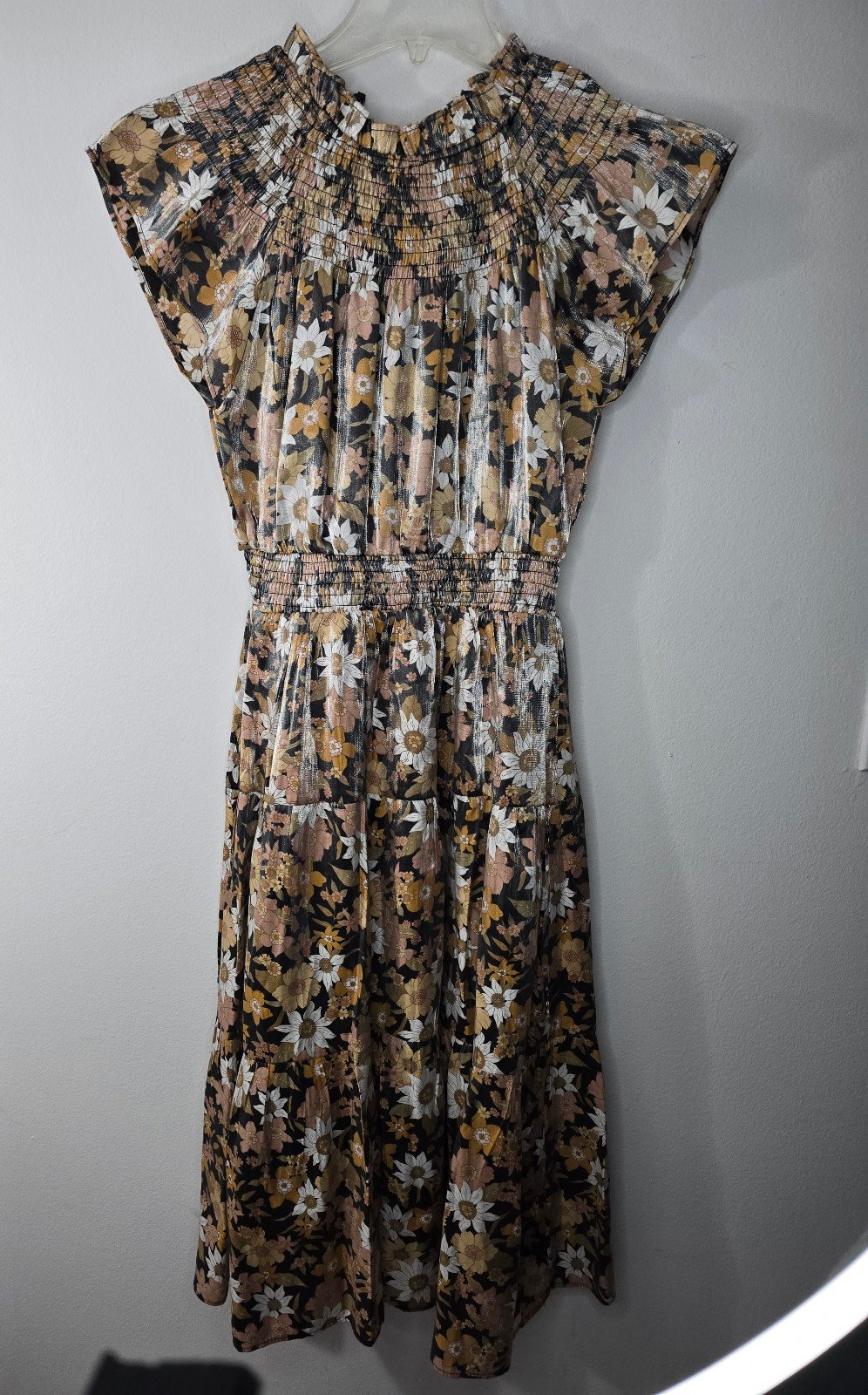 Moodie Retro Floral Earth tones High Smocked Neck Dress Size XSmall