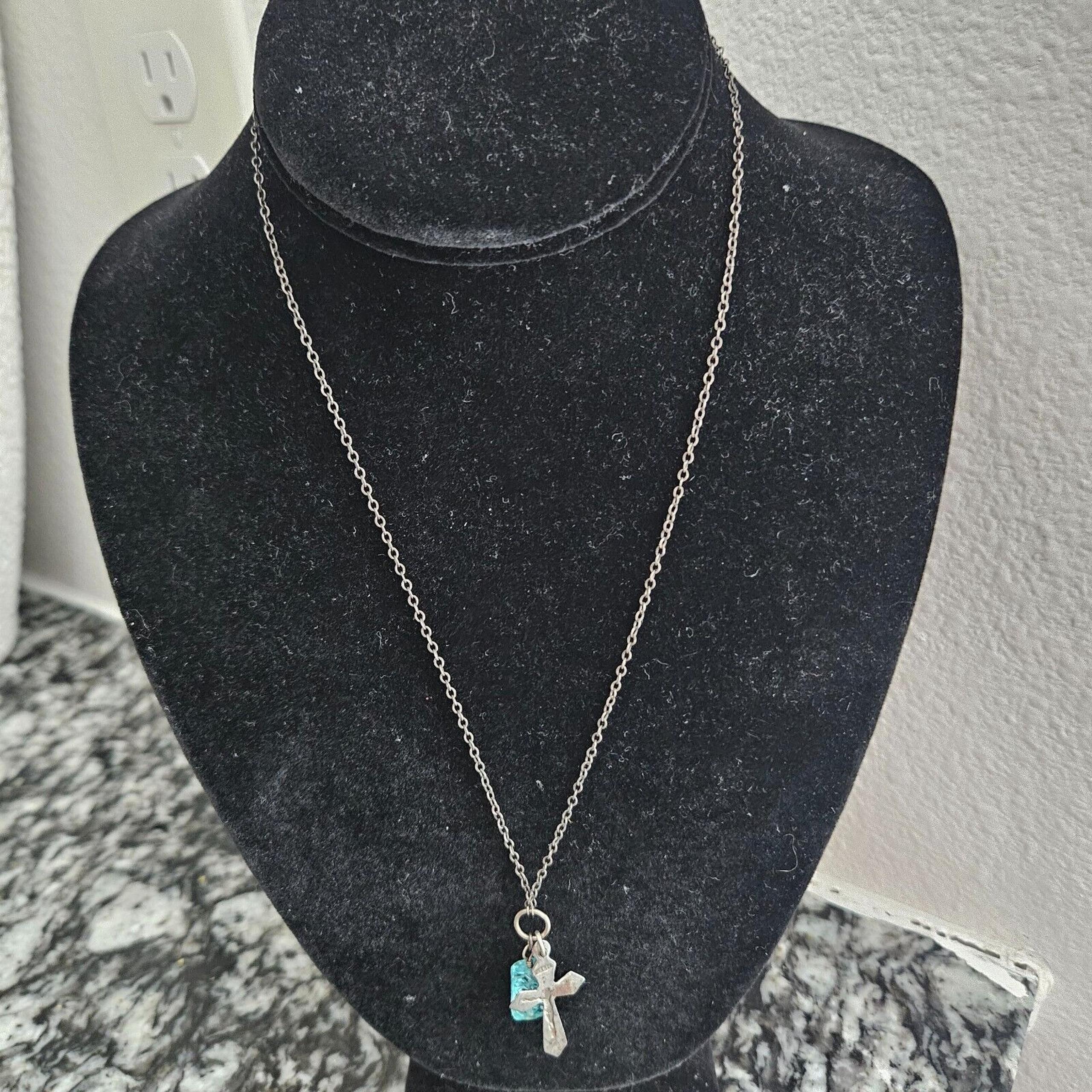 925 ornamental things necklace cross pendant  w/ blue aquamarine