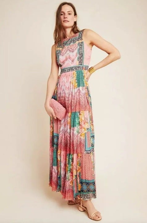 Anthropologie Bhanuni Alessandra Maxi Sleeveless Dress Size 8 Pink Blue