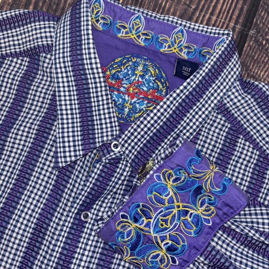 Robert Graham Shirt Men 3XLT Purple Striped Embroidered Flip Cuff Button Up