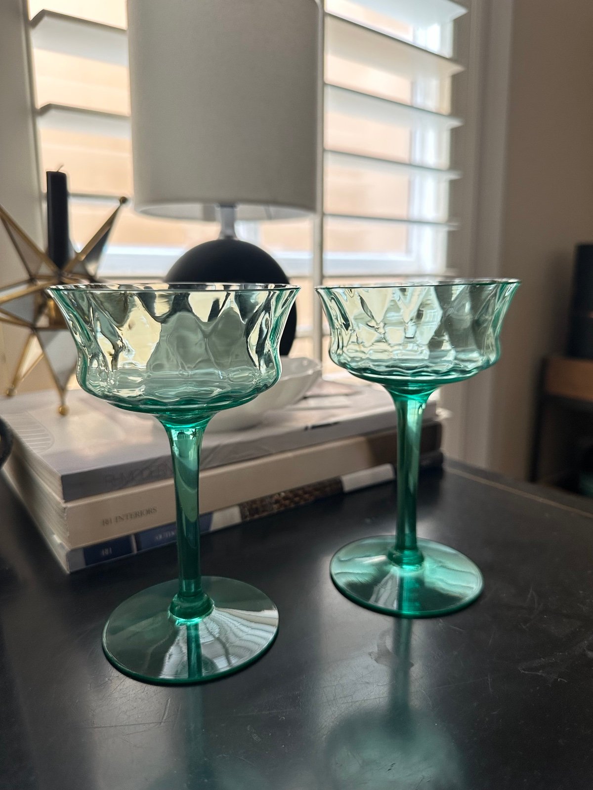 6 Depression Glass Uranium Thumbprint Optic Coupes