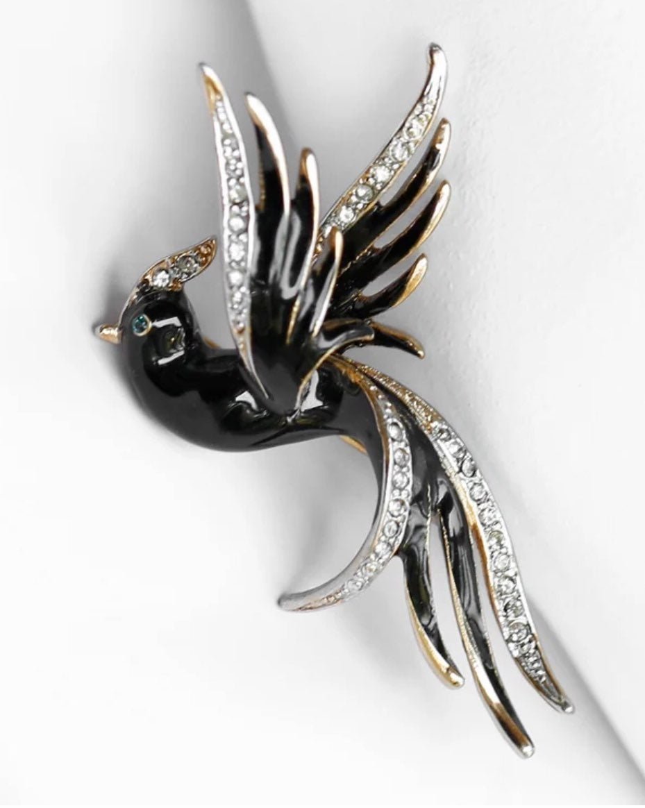 Signed CRAFT (GEM-CRAFT) Bird of Paradise Phoenix Enamel Rhinestone Brooch VTG