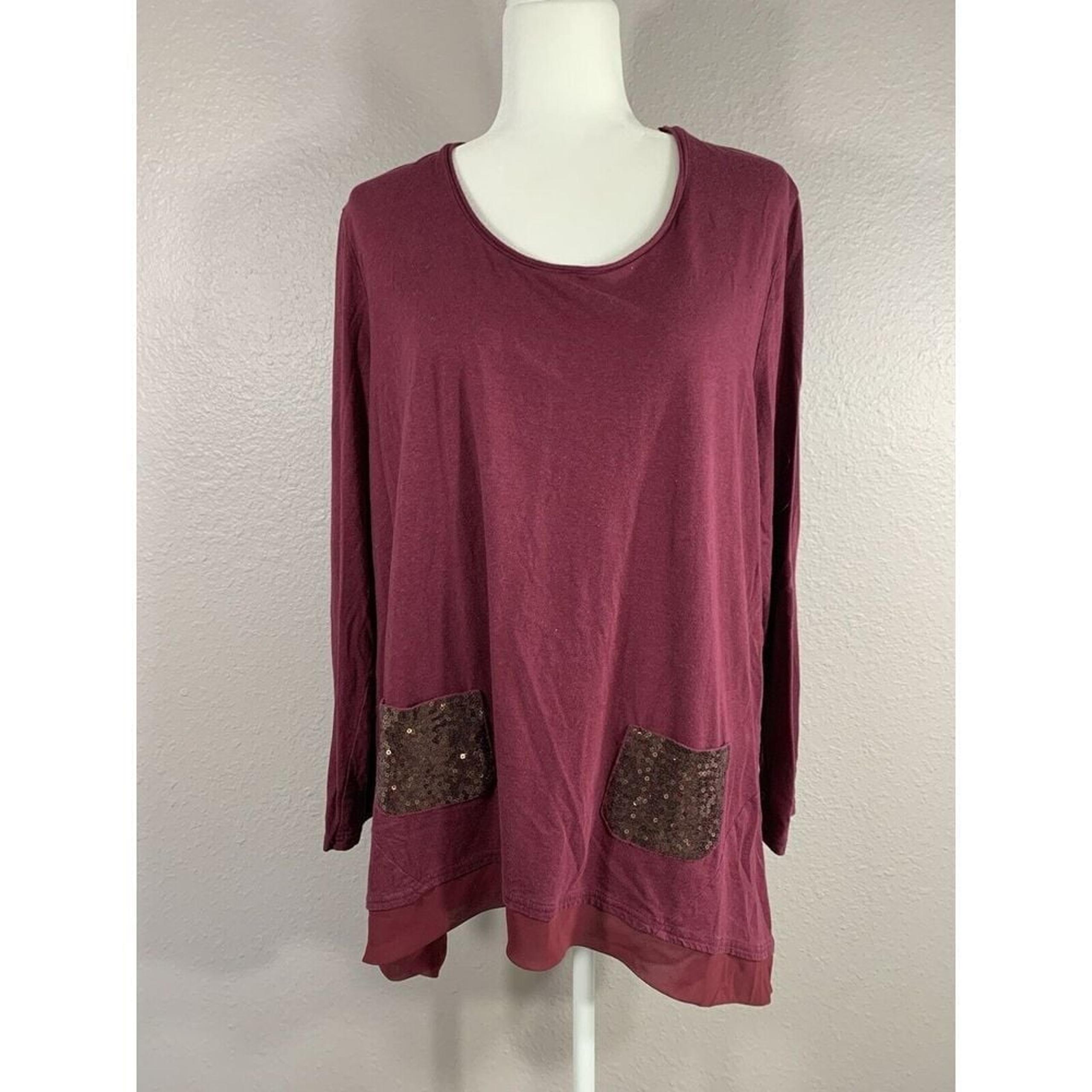 LOGO by Lori Goldstein Women's Plus Maroon Tunic Top Shirt  Sequined Pockets 1X