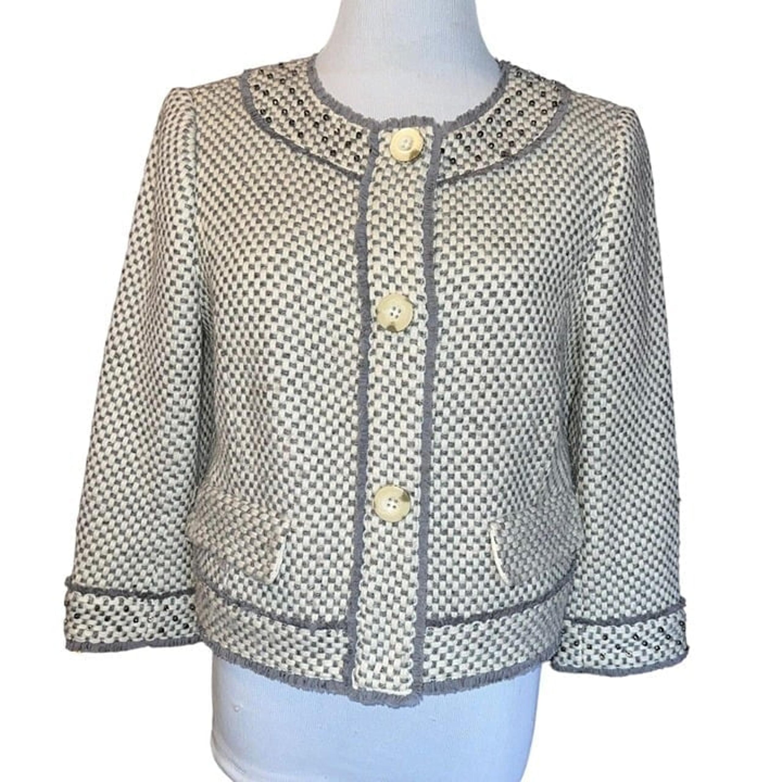 JUICY COUTURE WOMEN WOOL BLEND GRAY WHITE TWEED BLACK CRYSTAL BUTTON BLAZER MED