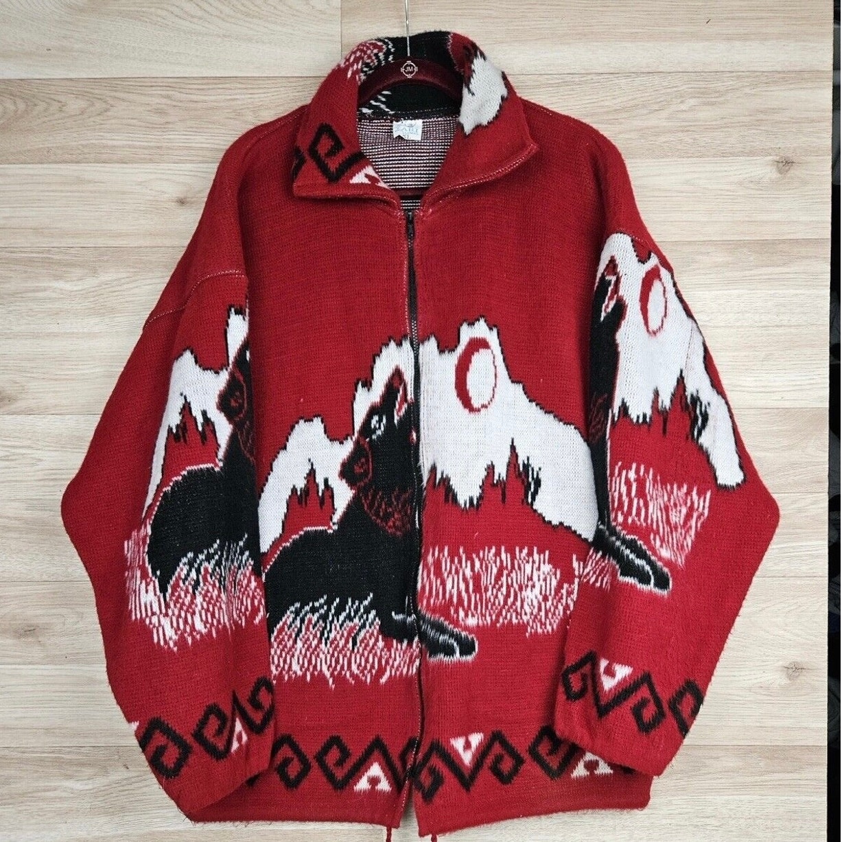 Yari Artesanias Red Howling Dog Red Knit Full Zip Jacket Men’s XL