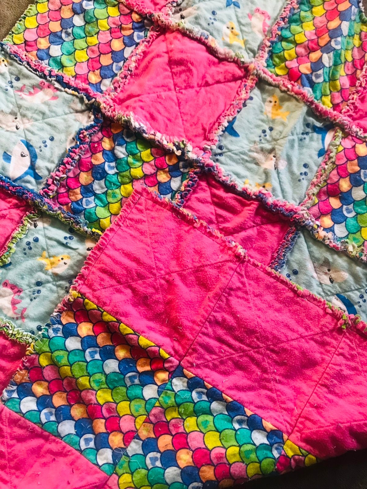 Baby shark inspired , mermaid scale and pink blanket