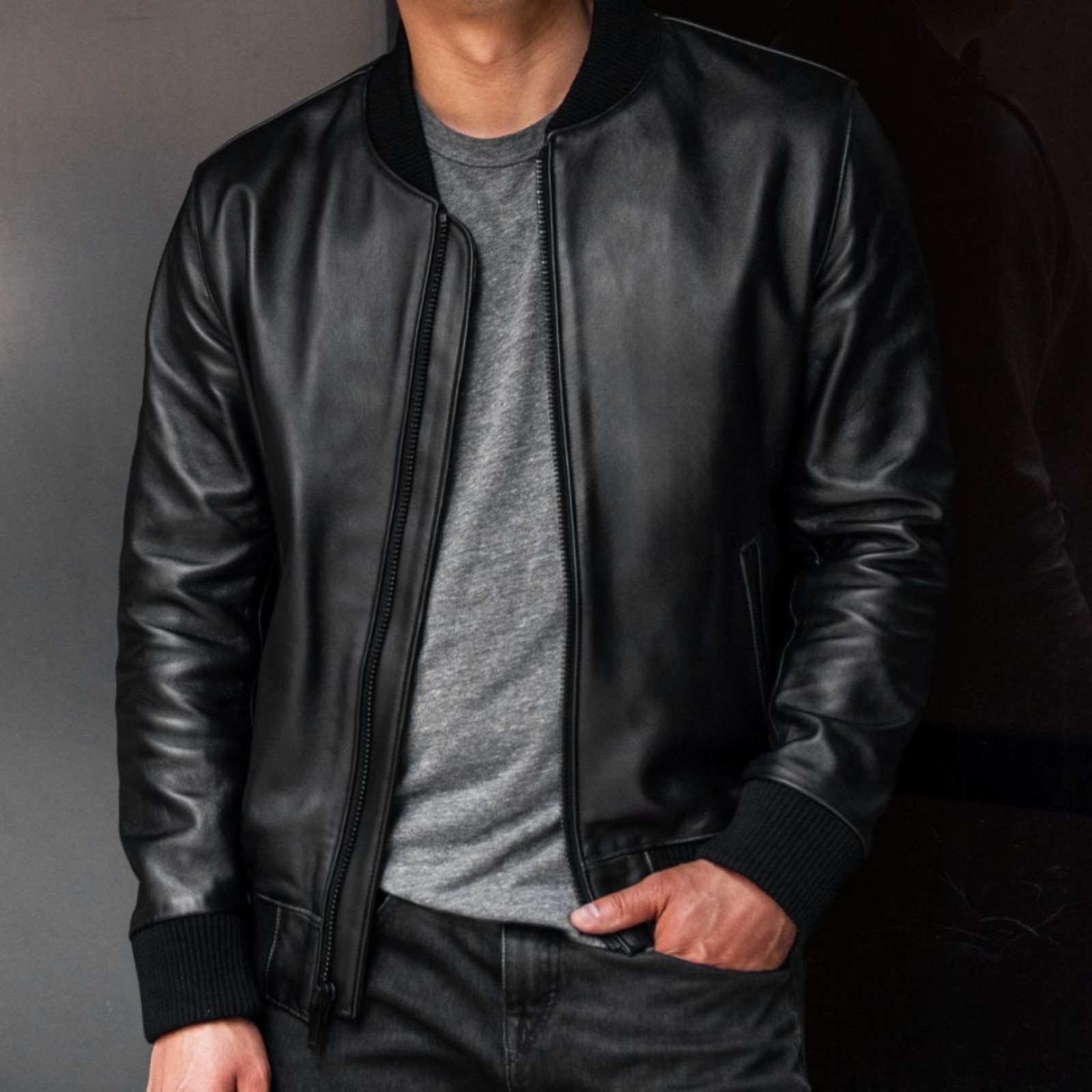 Bomber Jacket- Premium Full Grain, Lambskin, Lightweight Leather Jacket, Black